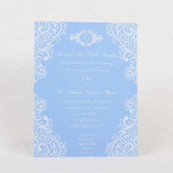 a face on the merrion white foiled wedding invitation card