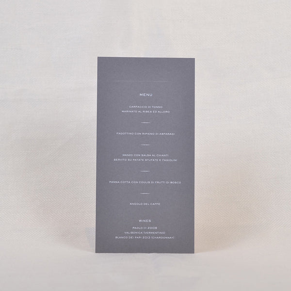 The Milan wedding breakfast menu cards showcase a white foiled text on a tall and thin grey 540gsm Colorplan card