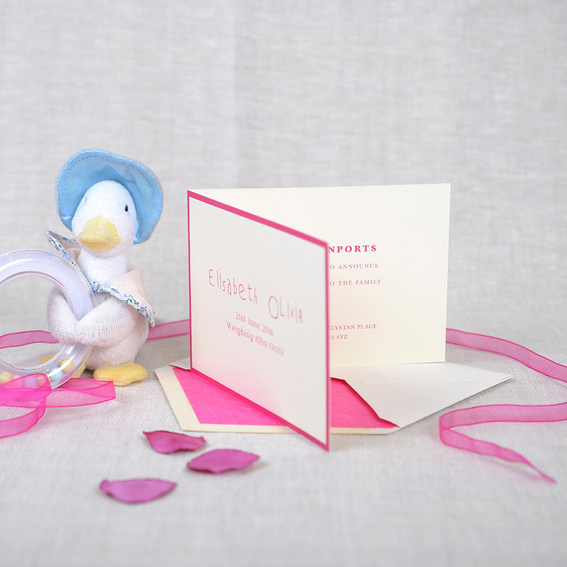 The folded Milton birth announcement cards with showing the personalised message on page 3
