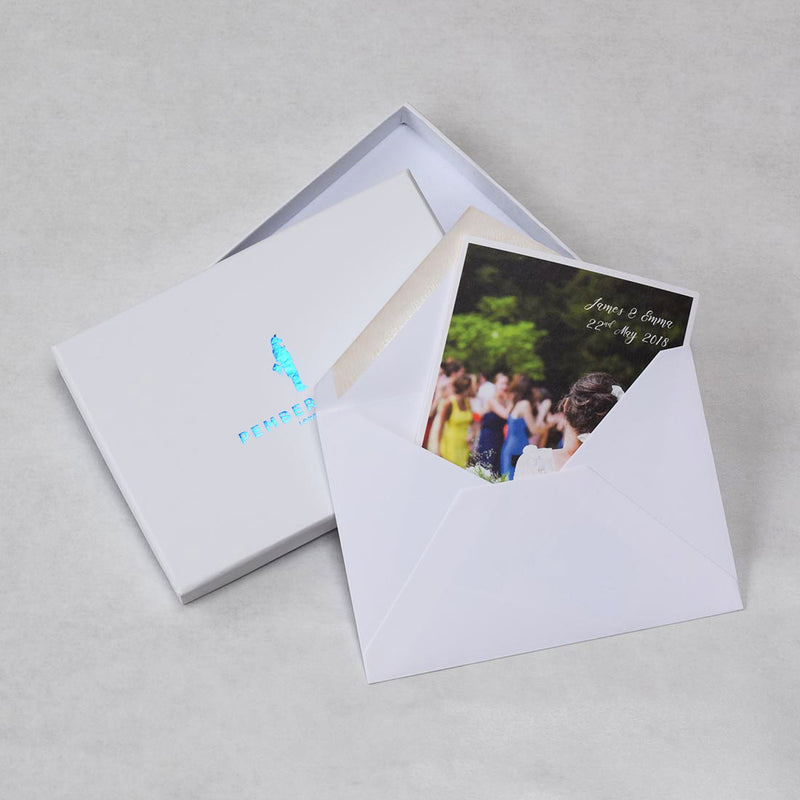 The Monaco wedding photo thank you cards in their envelopes and accompanying branded box