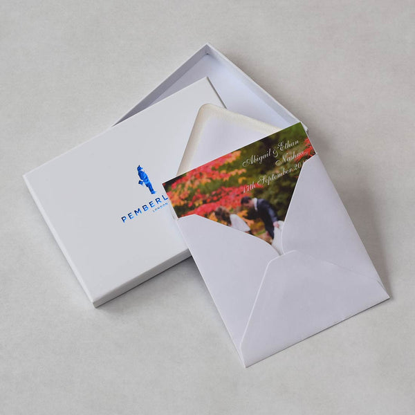 The Nashua photo thank you card in it's envelope resting on a branded box