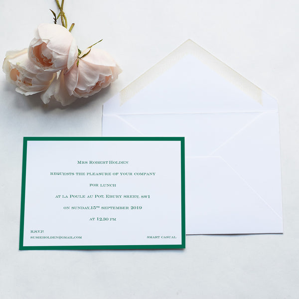 The Netherfield invitation card shown here with dark green borders onto white card
