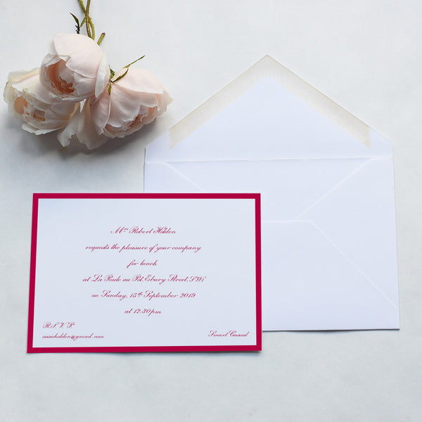 The Netherfield formal invitation shown here bright red borders onto thick white card
