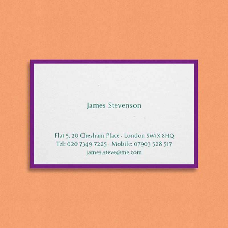 The Nightingale visiting cards show your text centred in green with a contrasting border flatprinted around the edge of the card 