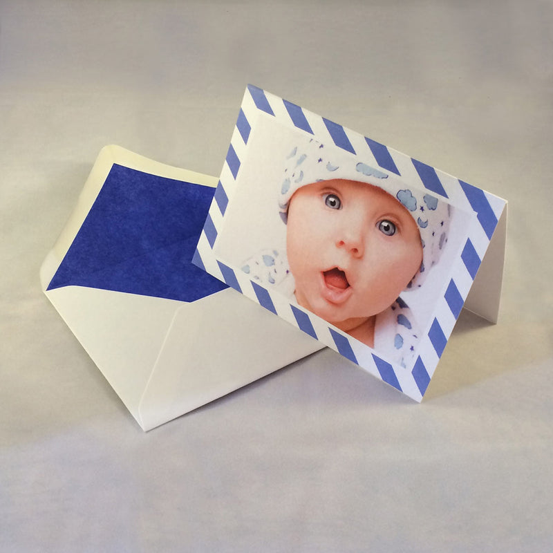 The Noah baby boy thank you cards, showing lovely mid-blue striped borders which complement the tone in the picture