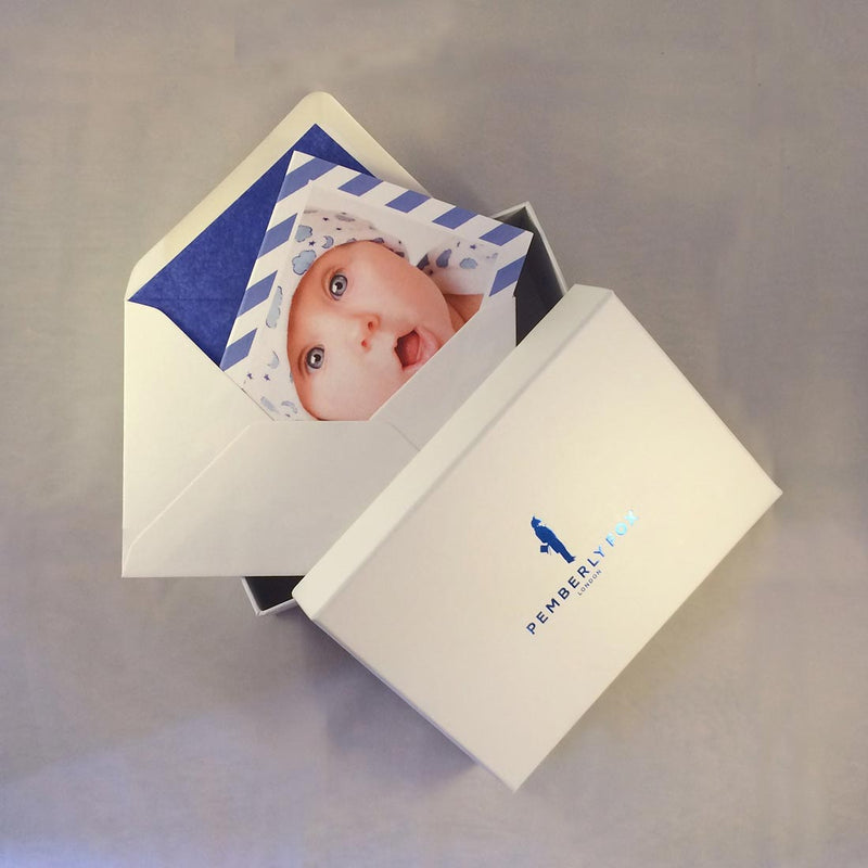 The Noah personalised baby boy cards with Pemberly Fox's branded boxes