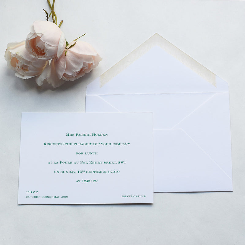 A classic example of a formal invitation card, the Northanger prints in dark green on white card