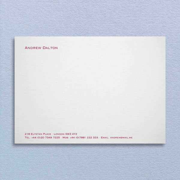 The Oxford Correspondence Card is designed with the name and contact details left justified top and bottom, printed in burgundy on a white card