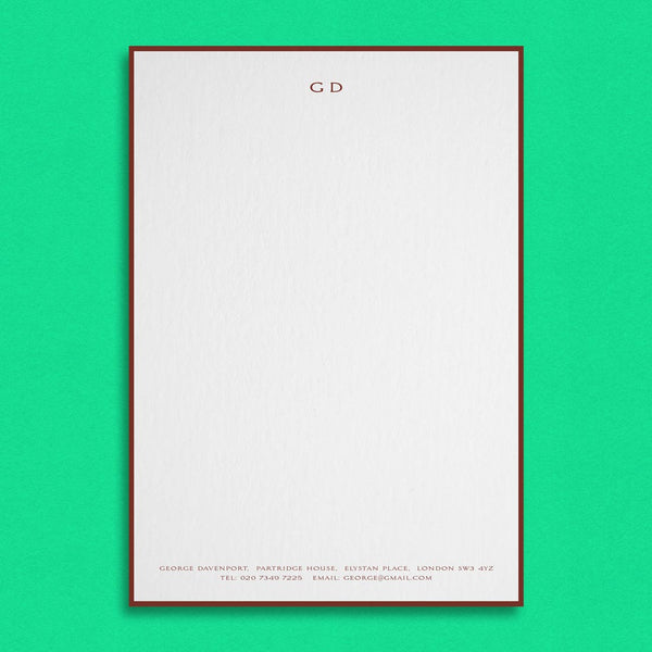 The bordered Padfield Writing paper shows your initials at the head and contact details at the foot