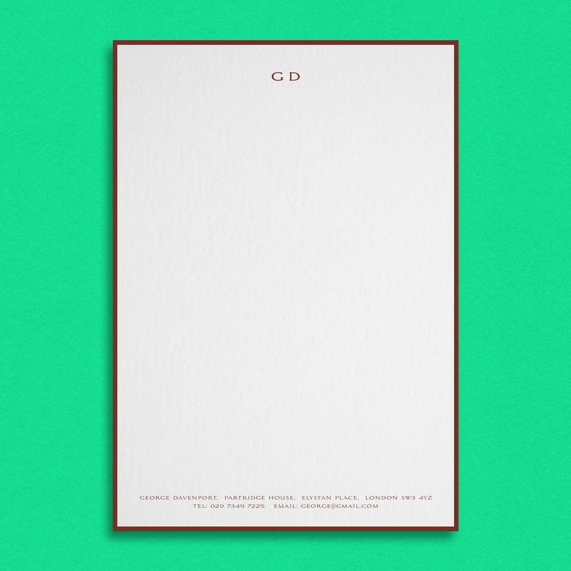 The bordered Padfield Writing paper shows your initials at the head and contact details at the foot