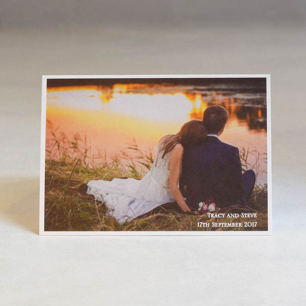 The Palermo wedding photo thank you cards show a landscape colour photo with a white border and text