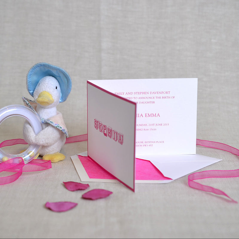The Palmer birth announcement cards, showing your message on page 3, with their tissue paper lined envelope