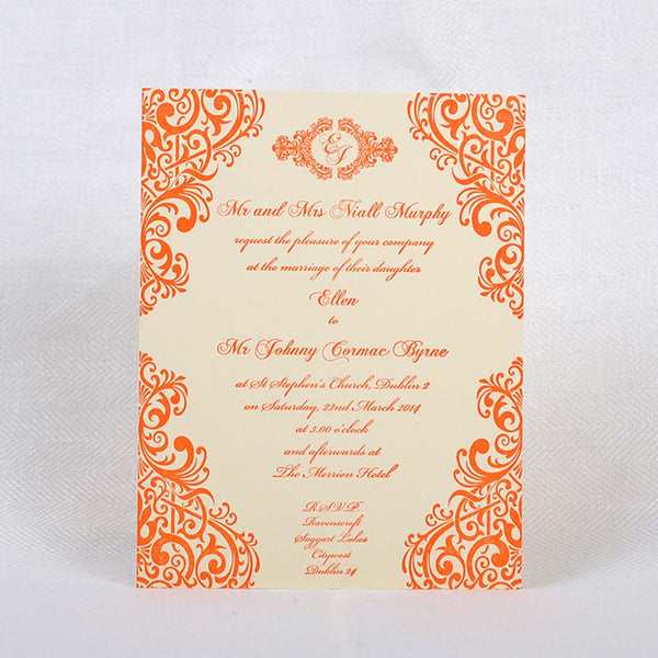 A face on image of the Parnell letterpress wedding invitation, with peach coloured ink on white card