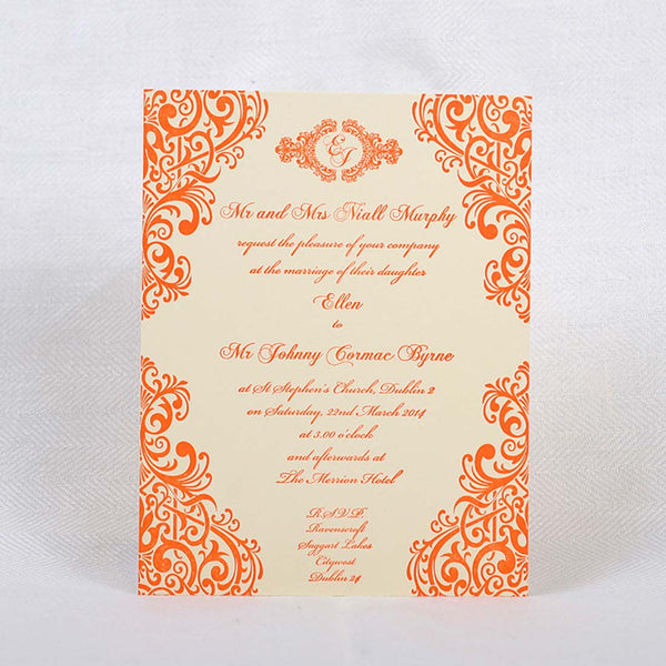 A face on image of the Parnell letterpress wedding invitation, with peach coloured ink on white card