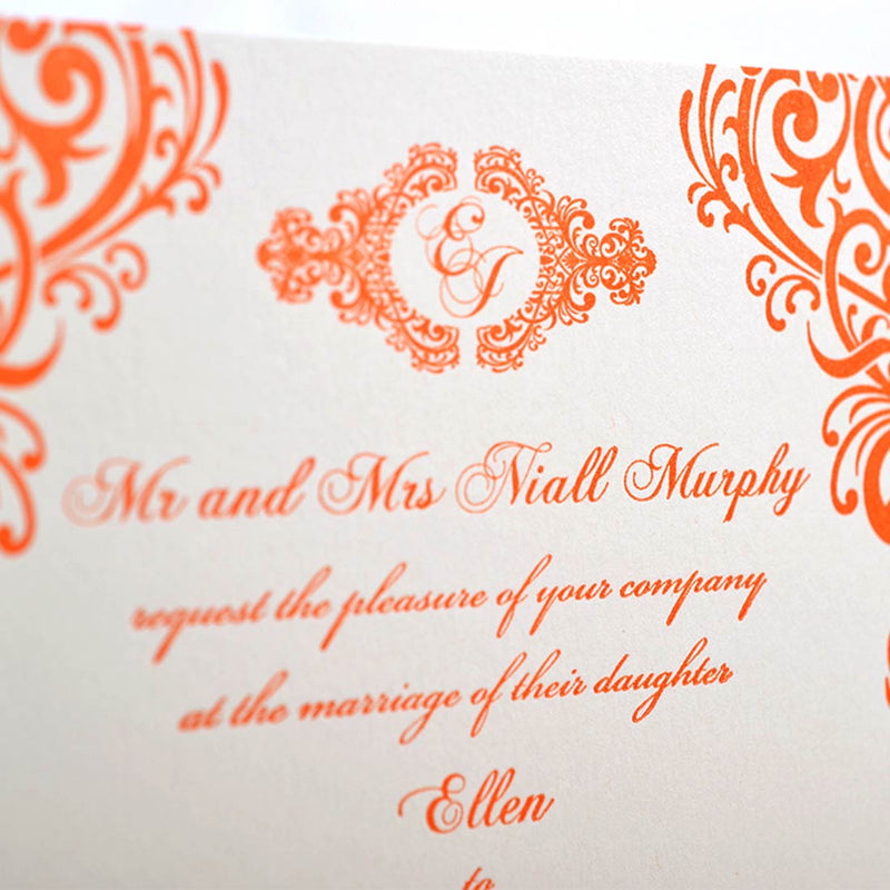 a close up of the complex monogram at the head of the Parnell wedding invitation