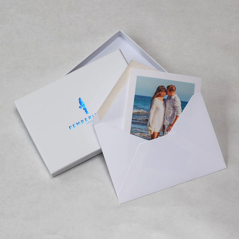 The Penzance wedding photo thank you cards and envelopes and with accompanying branded box
