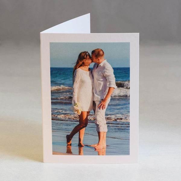 The Penzance wedding thank you cards show a portrait colour photo with text and white border on the front cover