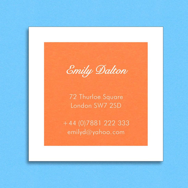 The Phoenix visiting card is square cut with your name and contact details reversed out from a solid colour and white border.