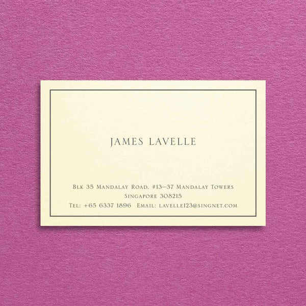 The Piccadilly visiting card is printed in grey on cream and has a keyline border inset from the edge of the card