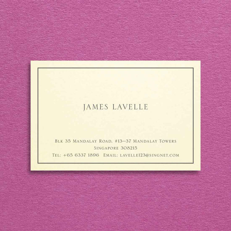 The Piccadilly visiting card is printed in grey on cream and has a keyline border inset from the edge of the card