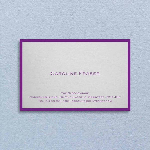 The personalised text of the Portobello visiting card is printed in purple onto grey card with a matching border. 