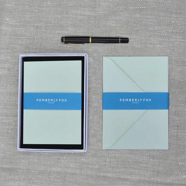 The powder green blank cards and envelopes, supplied with their matching envelopes and branded Pemberly Fox box.