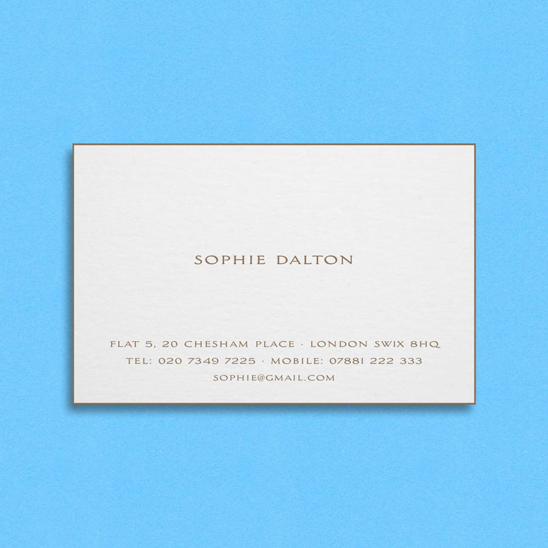 The Rose visiting cards show the text engraved in gold with matching foiled edges on a white card