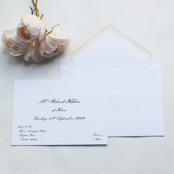 The Rosing at home invitation cards use a traditional script font and print in black in this image