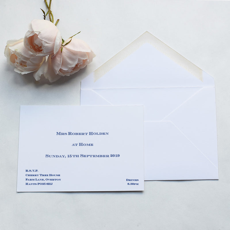 Using a shaded font in this image, the Rosings at home invitation cards print in blue