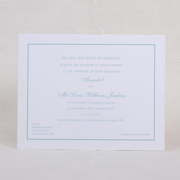 A face on image of the Savile wedding invitation, text and frame printed in aqua onto white card