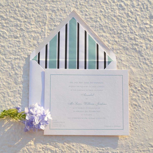 The Savile wedding invitation, printed in Caribbean aqua onto white card with its matching lined envelopes