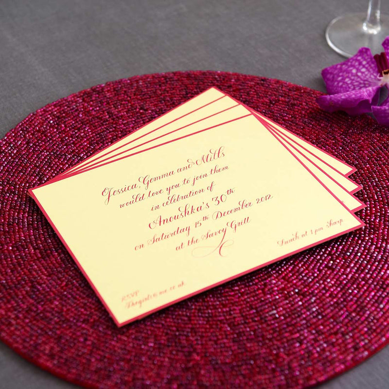 Shocking pink personalised calligraphy and colorplan sorbet are central to the Savoy Party invitations
