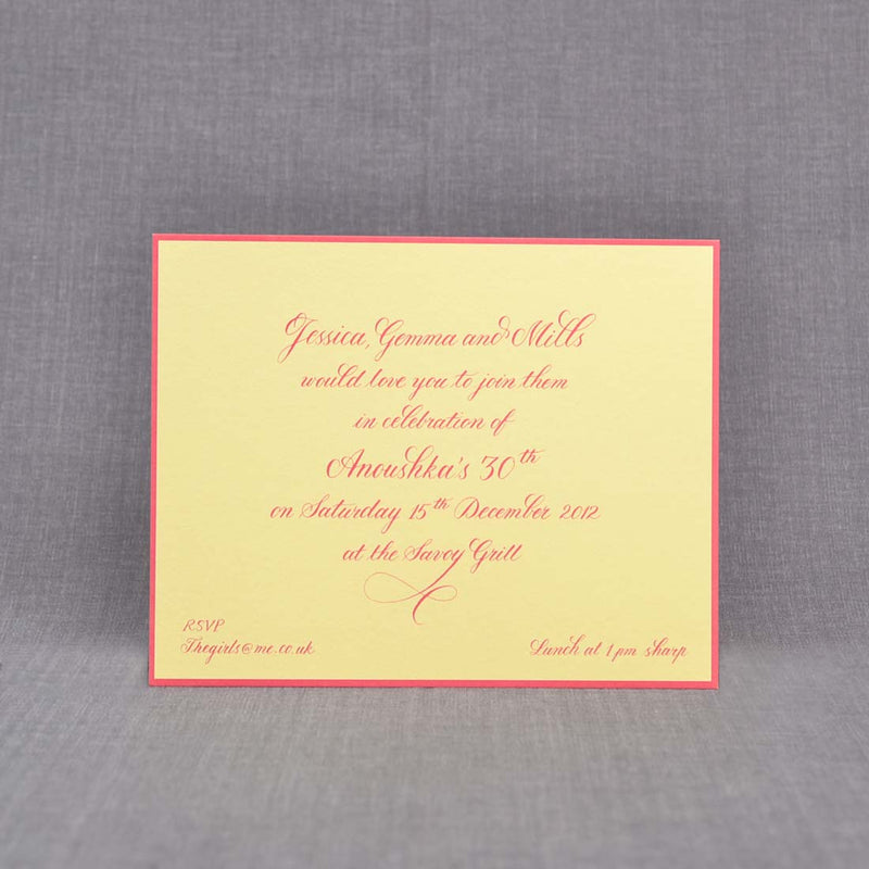 Beautiful calligraphy printed in shocking pink onto colorplan sorbet yellow card
