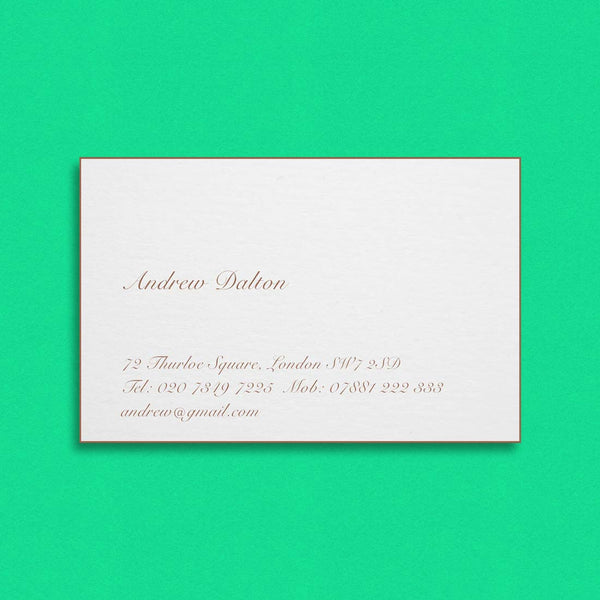 The Savoy visiting cards show a script font engraved in gold with matching foiled edges on a white card