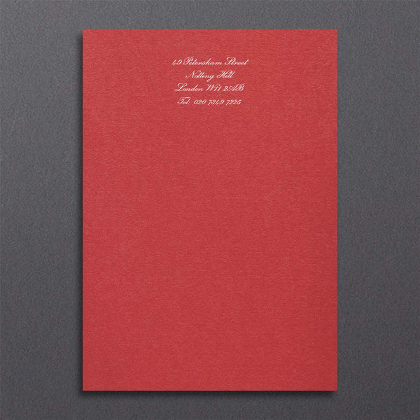 Stylish and simple, your contact details print in red at the head in white ink onto a bright red sheet