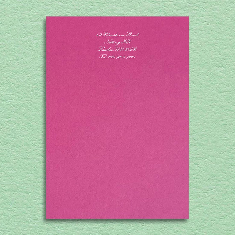 Stylish and simple, your contact details print in red at the head in white ink onto a Pink sheet