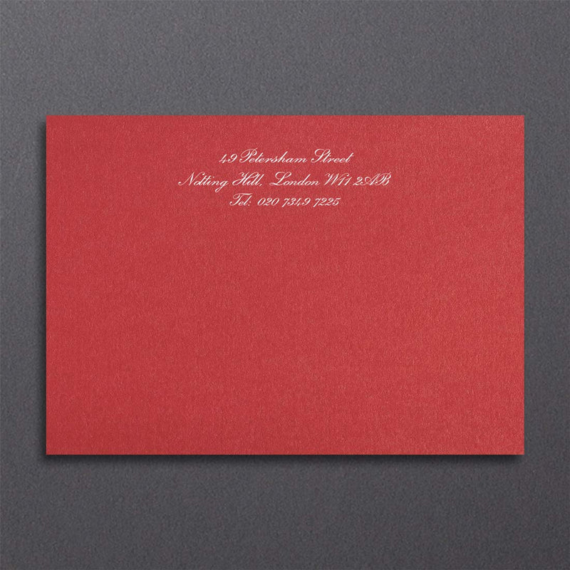 Printed in white onto a bright red card with your details centred at the head of the card