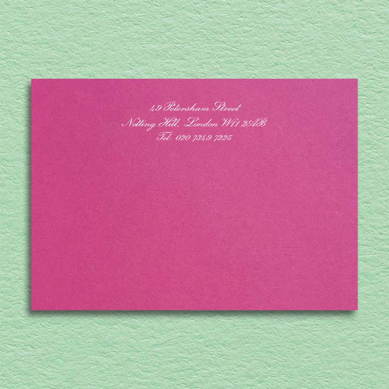 Printed in white onto a fuchsia pink card with your details centred at the head of the card