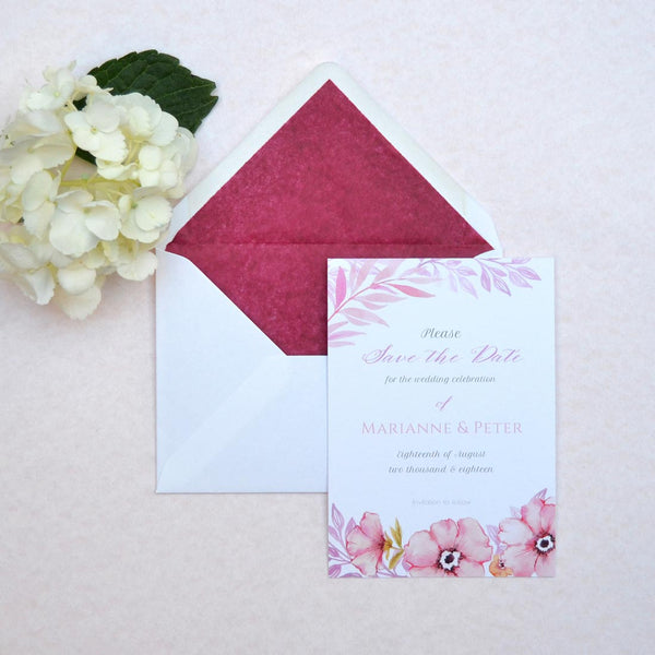 The Sherborne wedding save the date with Claret tissue lined envelopes