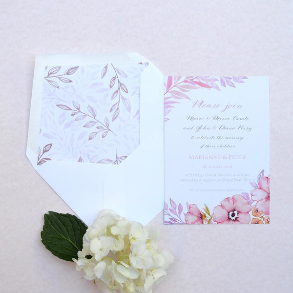 The Sherborne Wedding invitation is a colourful floral design, supplied with printed paper lined envelopes