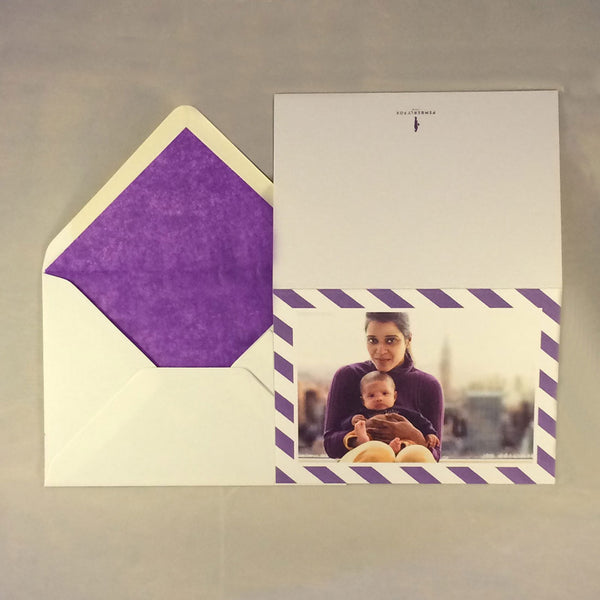 The Simon luxury baby boy cards with purple tissue paper lined envelope to complement the border colour
