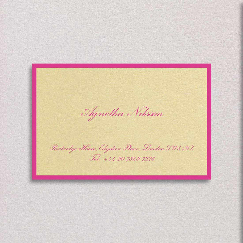 The Sloane visiting card is printed with a shocking pink border and text on a sorbet yellow card.