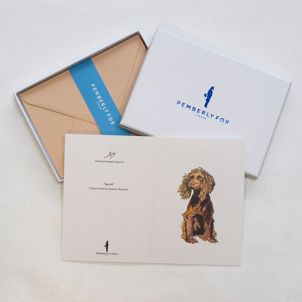the spaniel dog greeting cards shown here with the accreditation to designer susie macinnes on the back