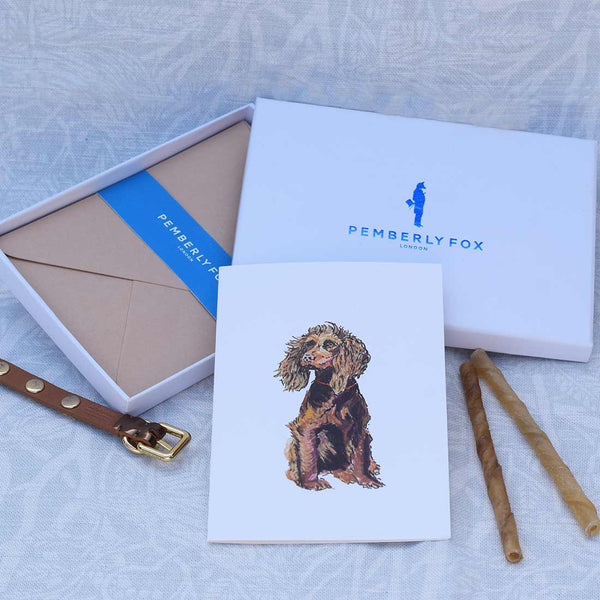 the spaniel dog greeting cards with stone envelopes with white tissue lined paper sold in pemberly fox boxes