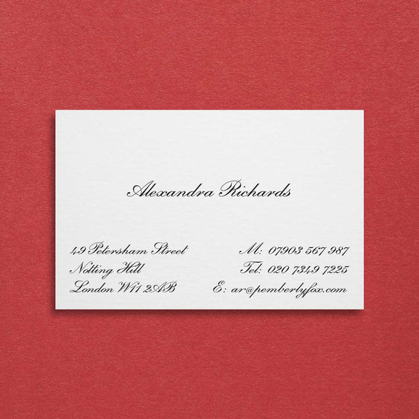 the stanton embossed business card shown using a script font in black ink can be personalised on 6 card choices and 12 font choices