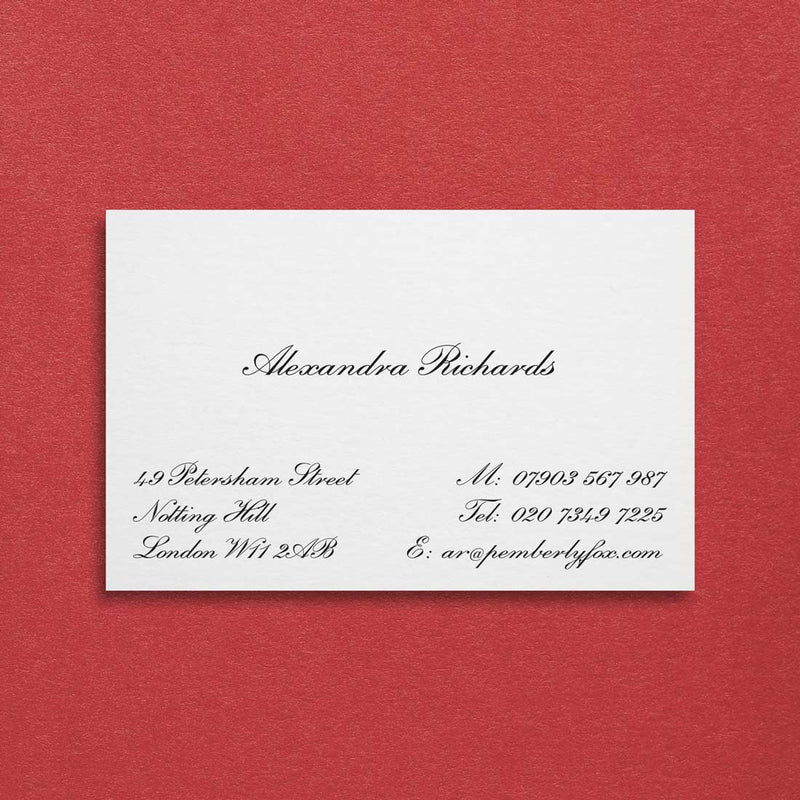the stanton embossed business card shown using a script font in black ink can be personalised on 6 card choices and 12 font choices