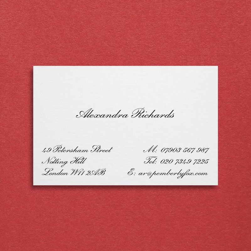 the stanton embossed business card shown using a script font in black ink can be personalised on 6 card choices and 12 font choices
