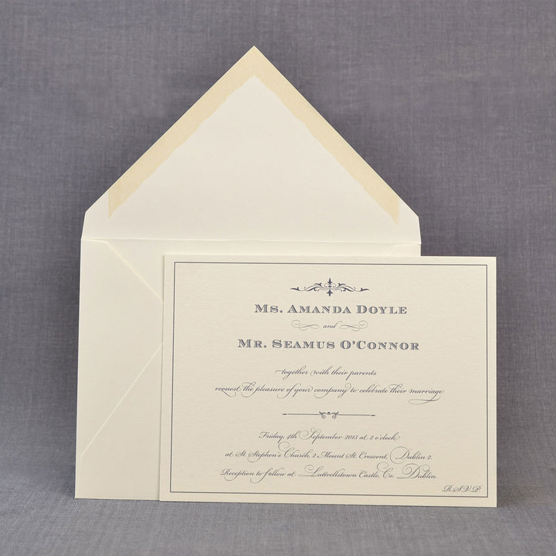 The Tara wedding invitation uses different fonts and ornaments and comes with plain envelopes