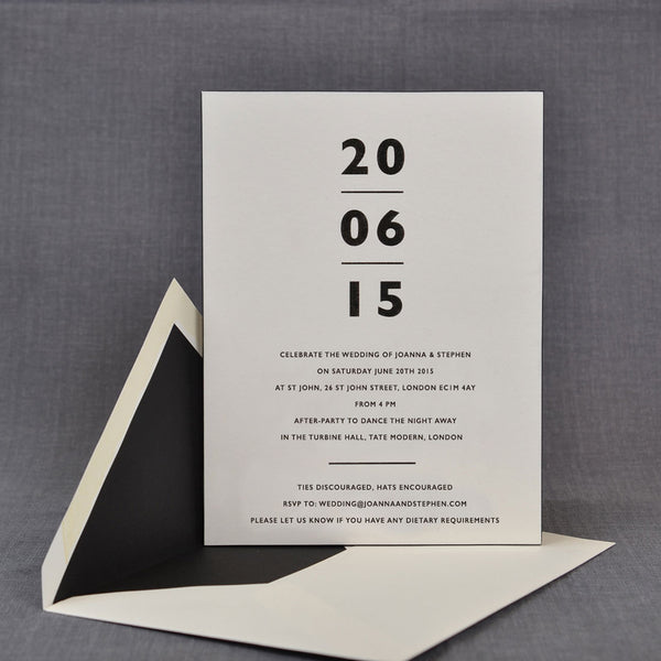 The Tate wedding invitation uses a bold font for full effect, seen here with it's black paper lined white envelopes
