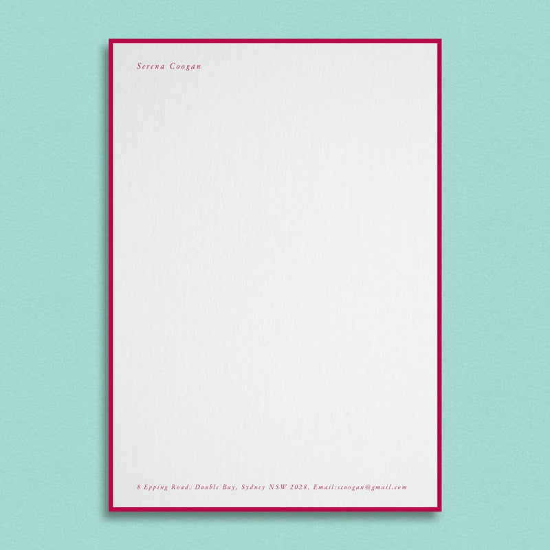 The Tavistock writing paper, prints with your name top left and details centred at the foot and the border framing the sheet